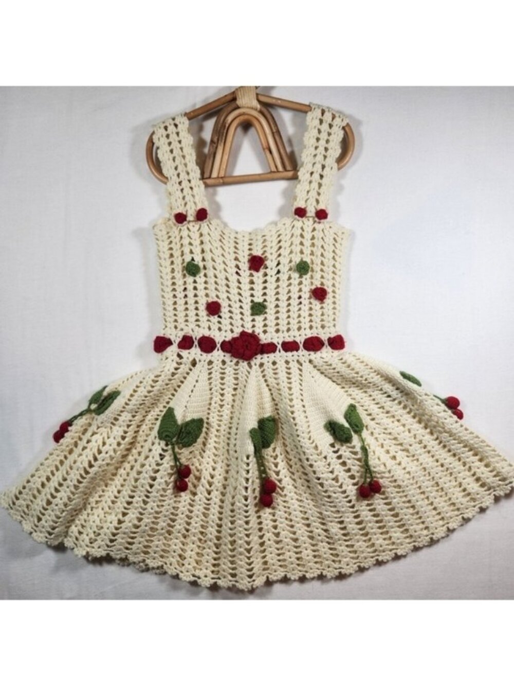 Vintage Handmade Crochet Cherry Strawberry Pinafore Dress Cream Girls Small - Picture 1 of 5